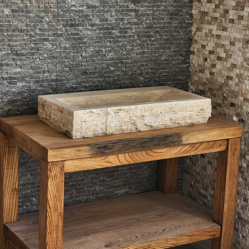 Rectangular Travertine Chiseled Trough Sink - Solid Stone Large Basin