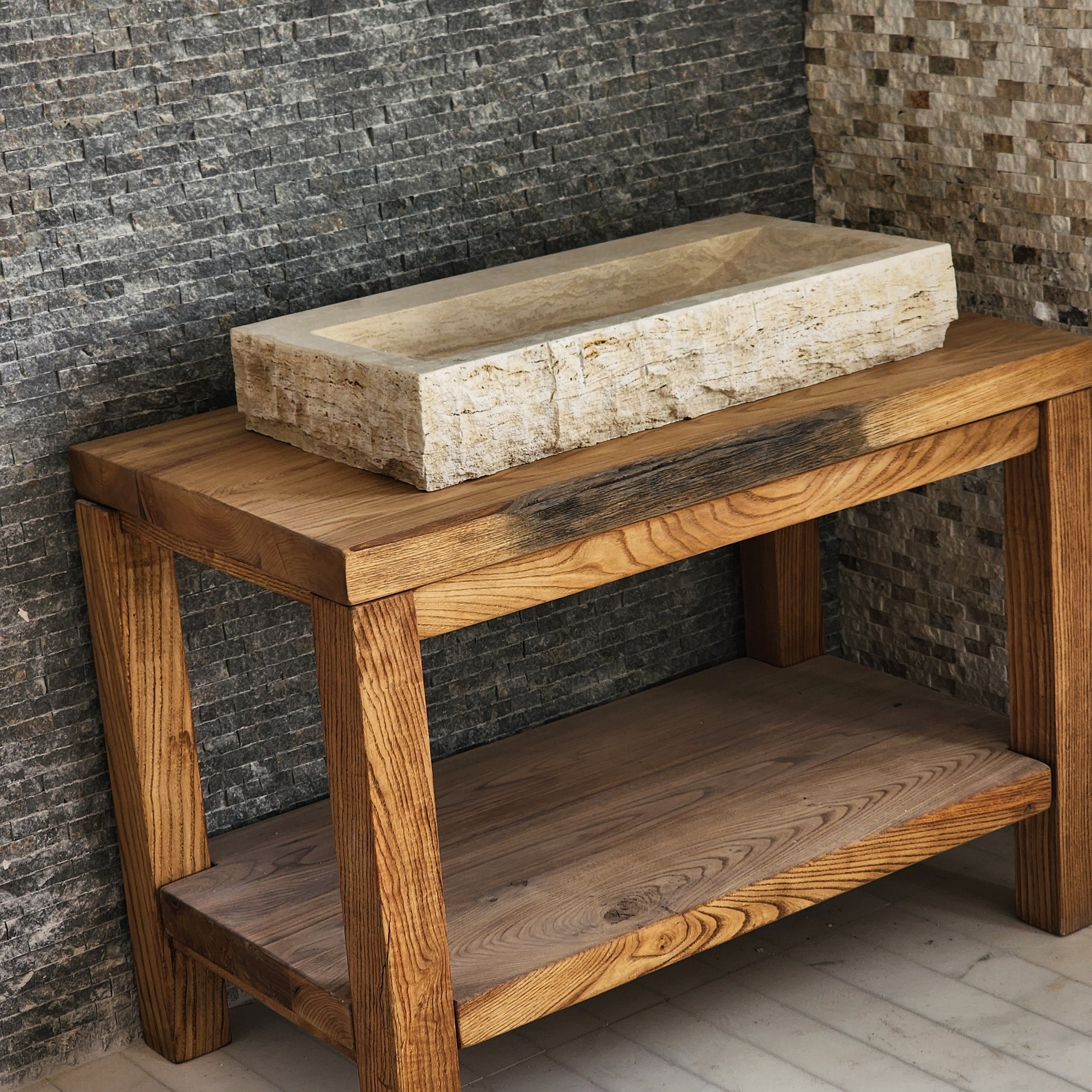 Rectangular Travertine Chiseled Trough Sink - Solid Stone Large Basin