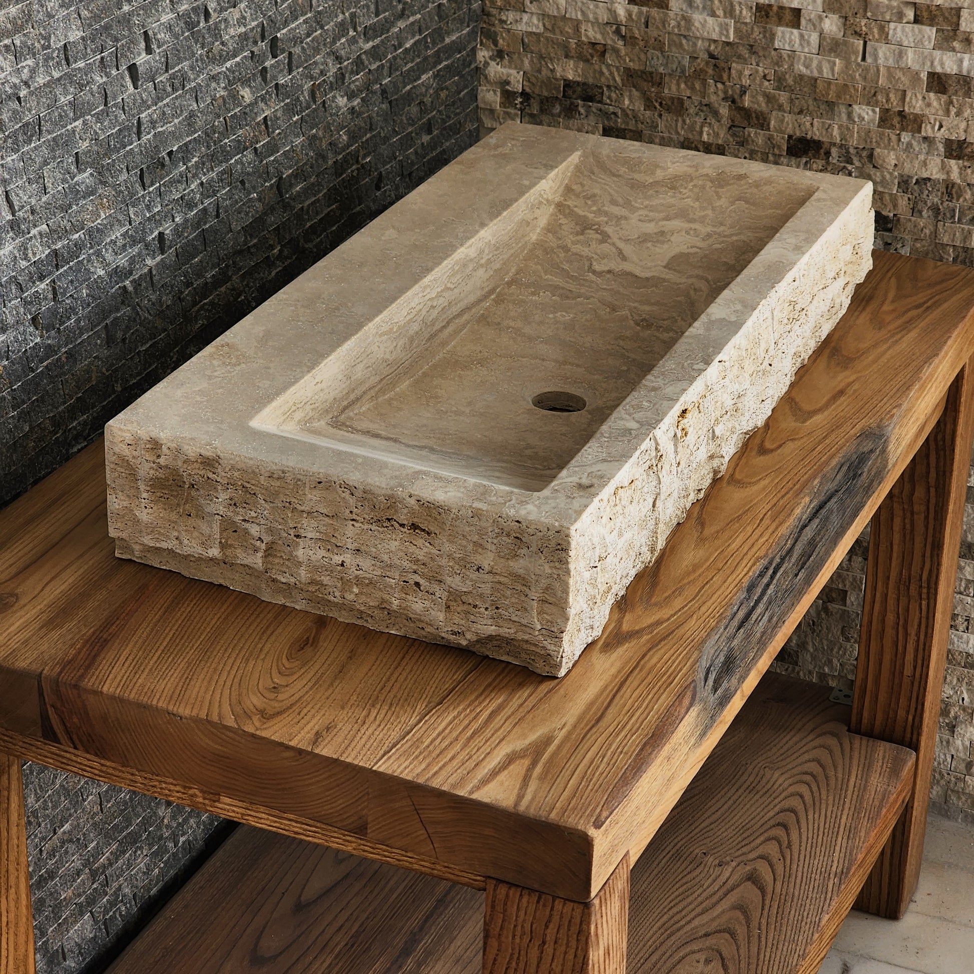 Rectangular Travertine Chiseled Trough Sink - Solid Stone Large Basin