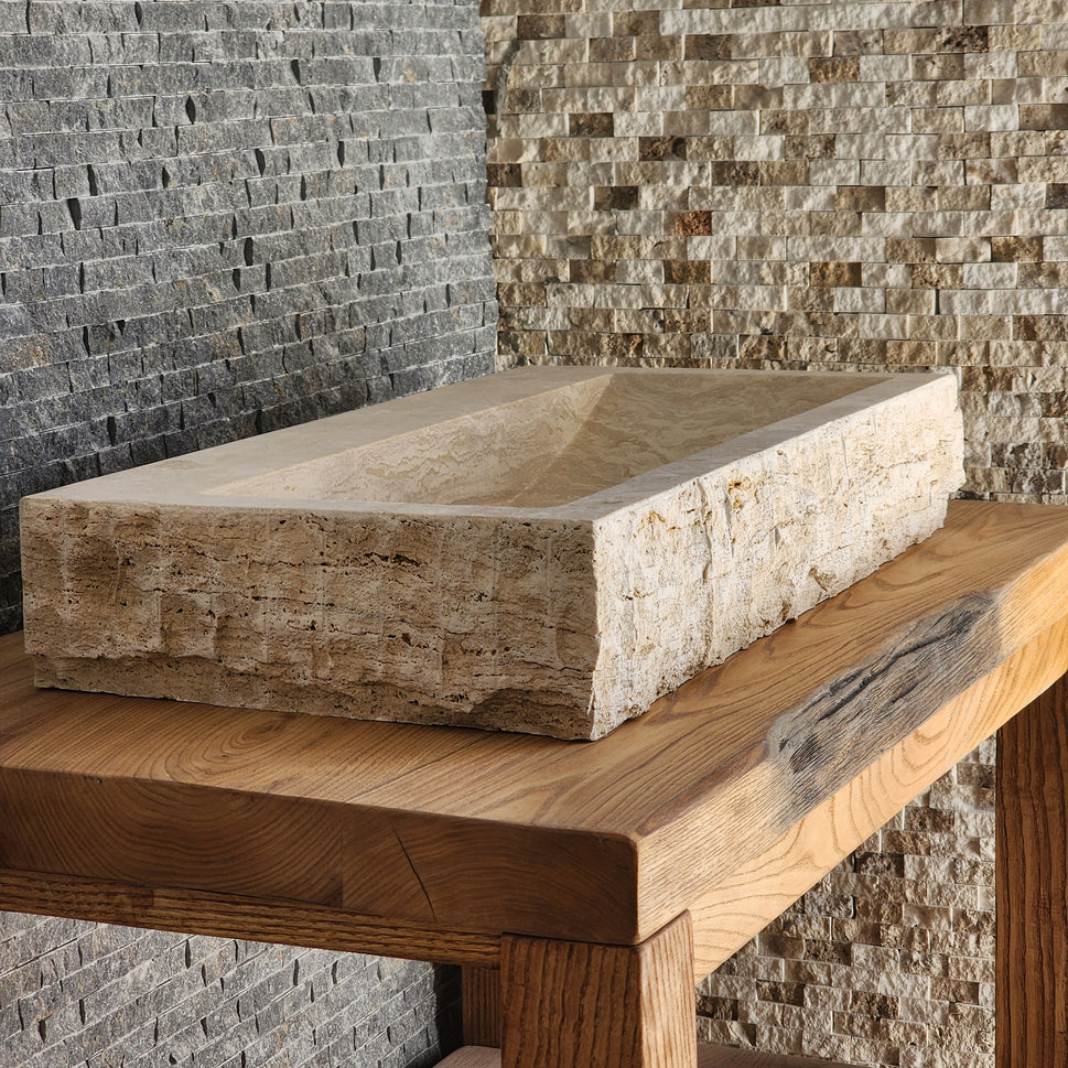 Rectangular Travertine Chiseled Trough Sink - Solid Stone Large Basin