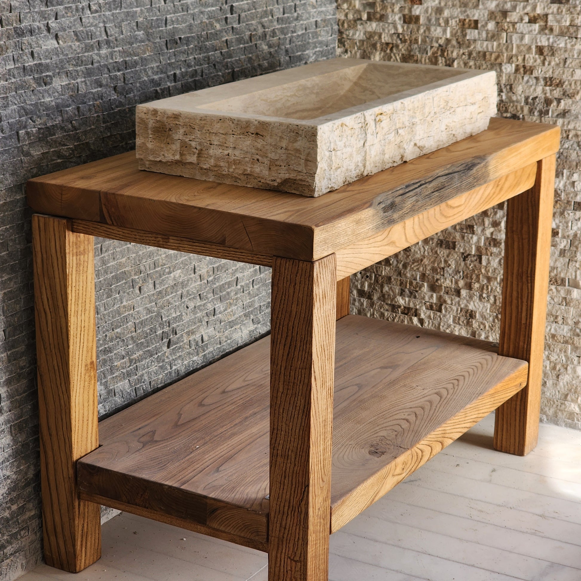 Rectangular Travertine Chiseled Trough Sink - Solid Stone Large Basin