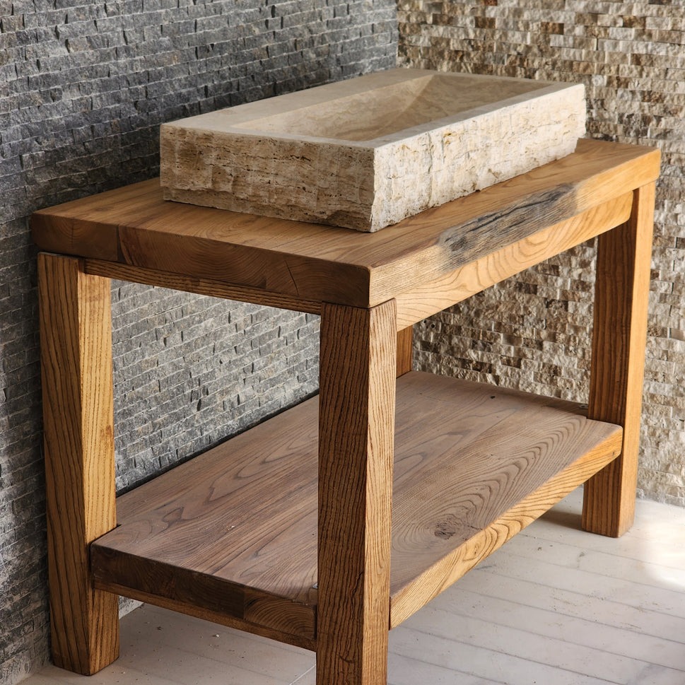 Rectangular Travertine Chiseled Trough Sink - Solid Stone Large Basin