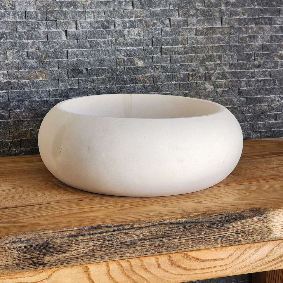 Cream Limestone Vessel Sink – Round Matte Organic Natural Stone Basin