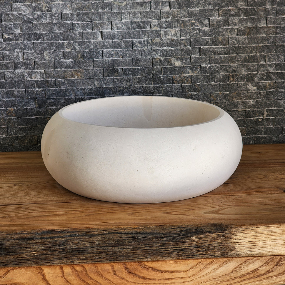 Cream Limestone Vessel Sink – Round Matte Organic Natural Stone Basin