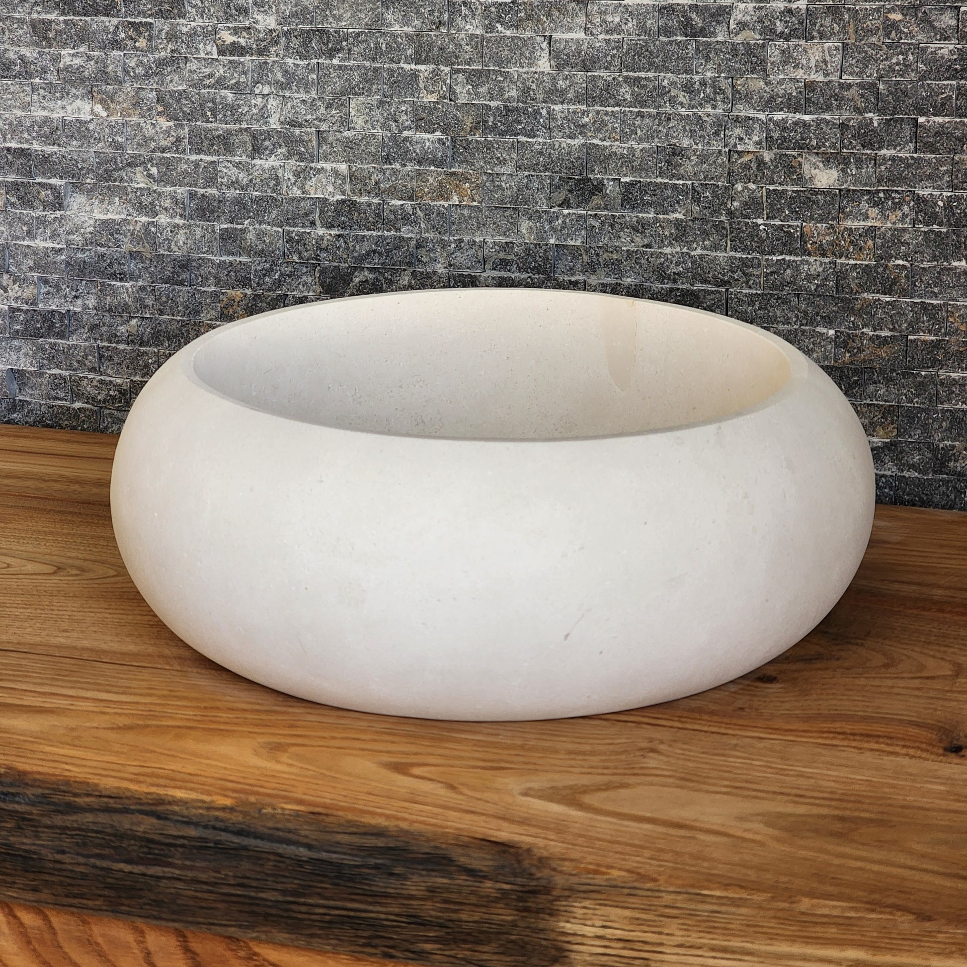 Cream Limestone Vessel Sink – Round Matte Organic Natural Stone Basin