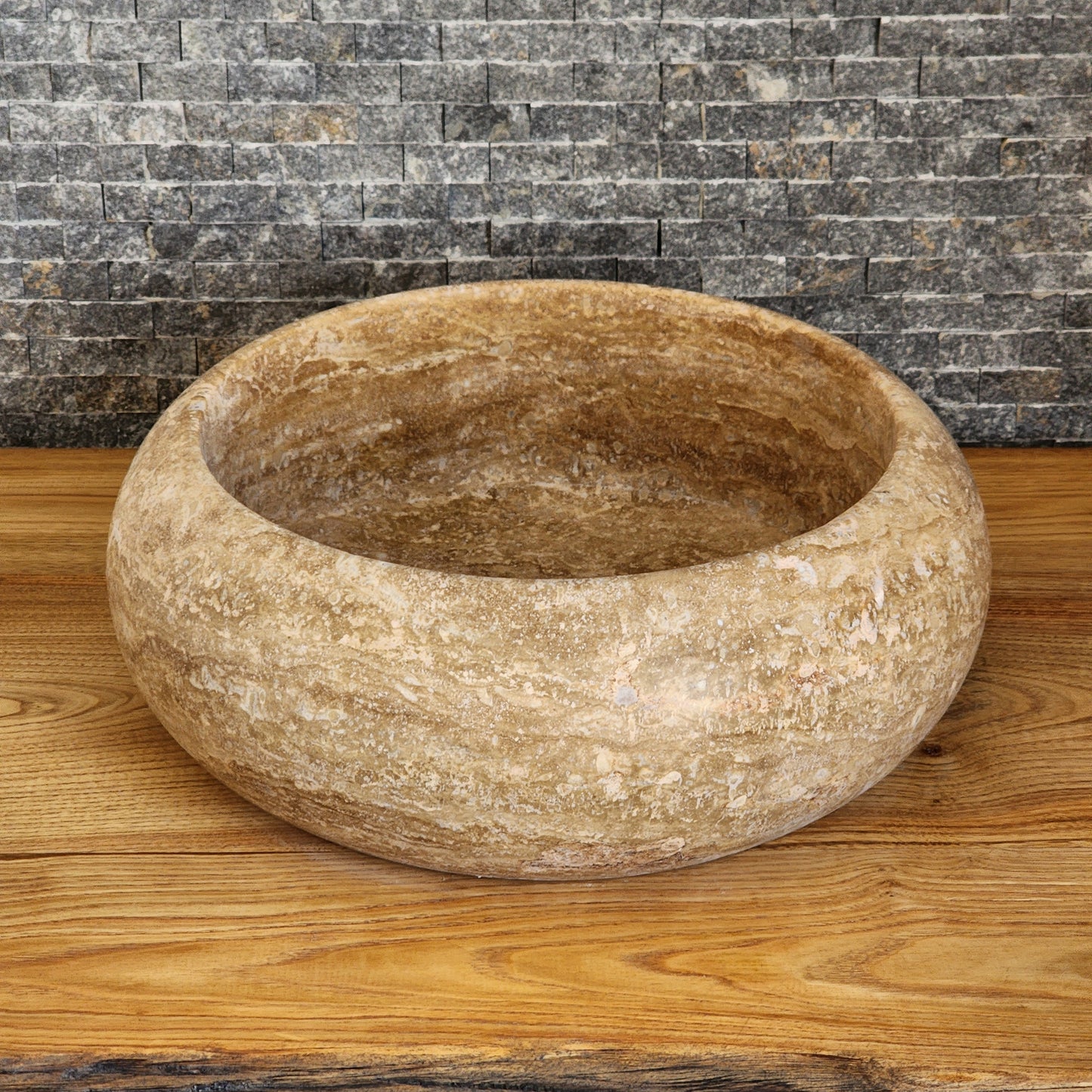 Hand-Carved Round Travertine Vessel Sink - Rustic Gold Stone Basin