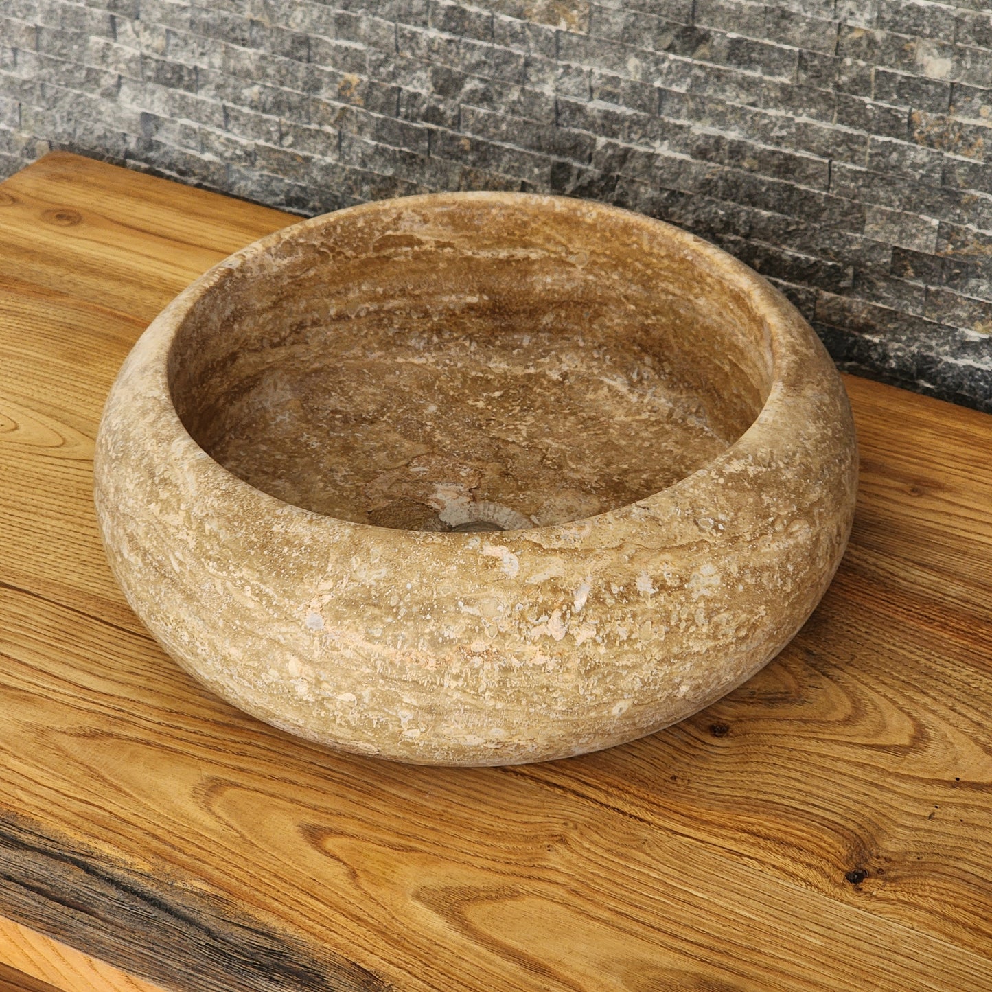 Hand-Carved Round Travertine Vessel Sink - Rustic Gold Stone Basin