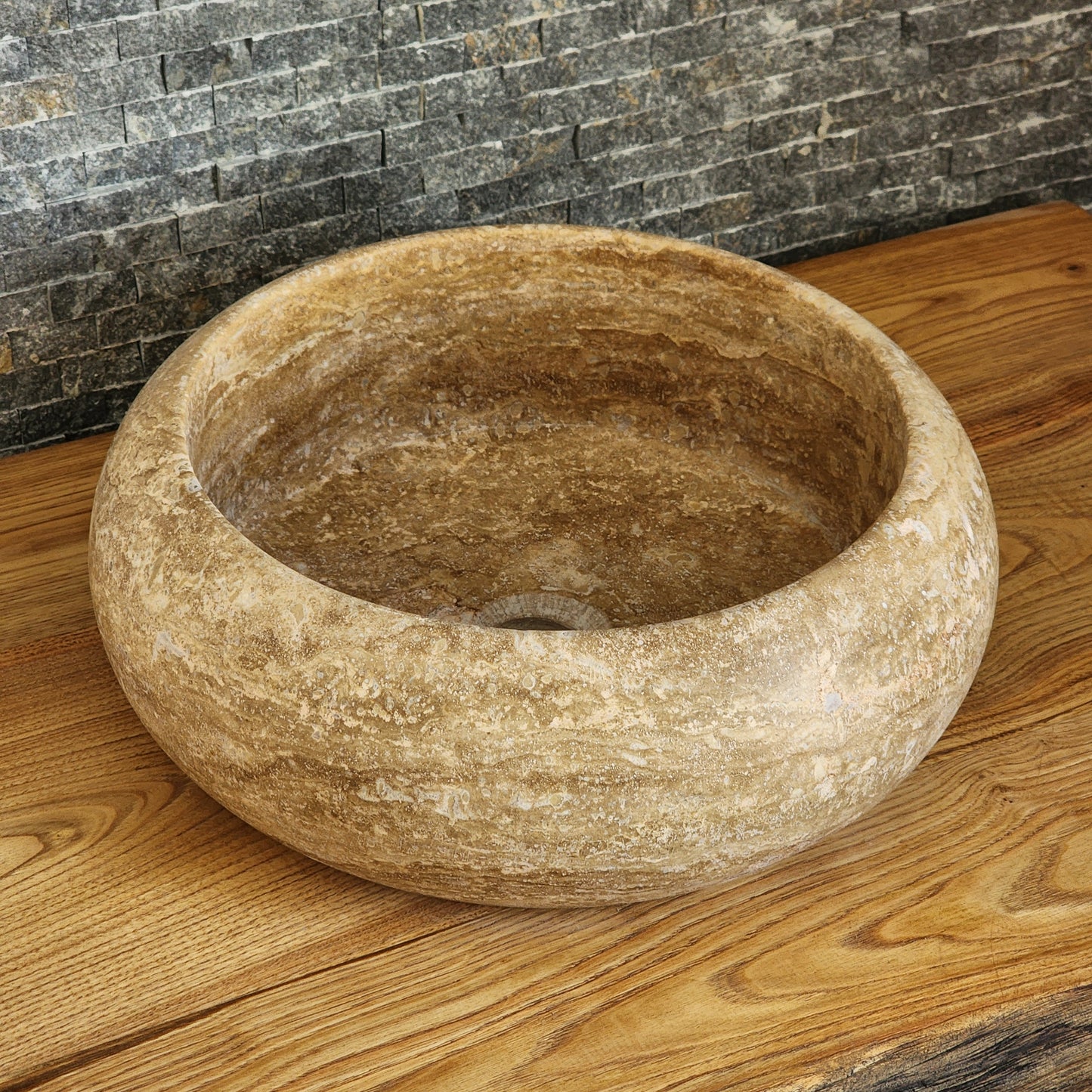 Hand-Carved Round Travertine Vessel Sink - Rustic Gold Stone Basin