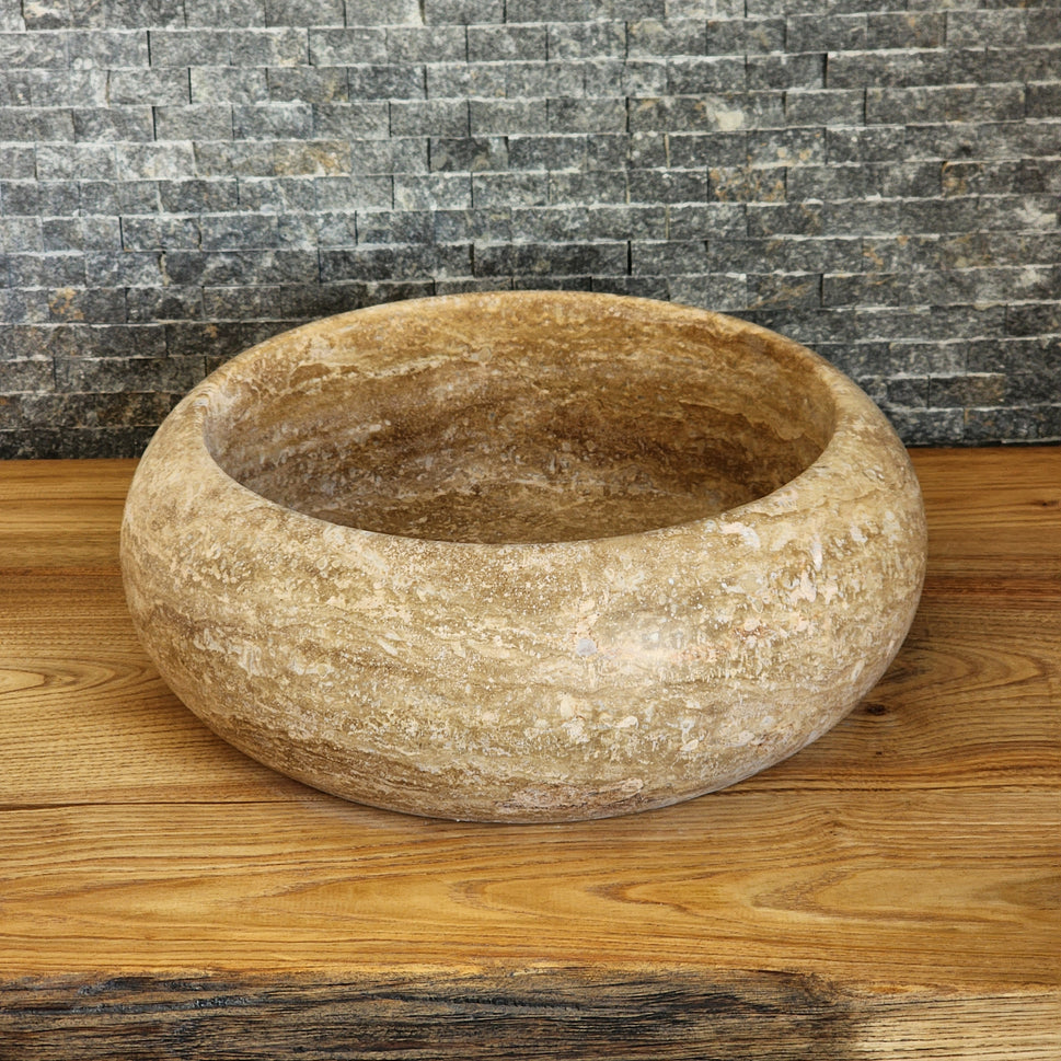 Hand-Carved Round Travertine Vessel Sink - Rustic Gold Stone Basin