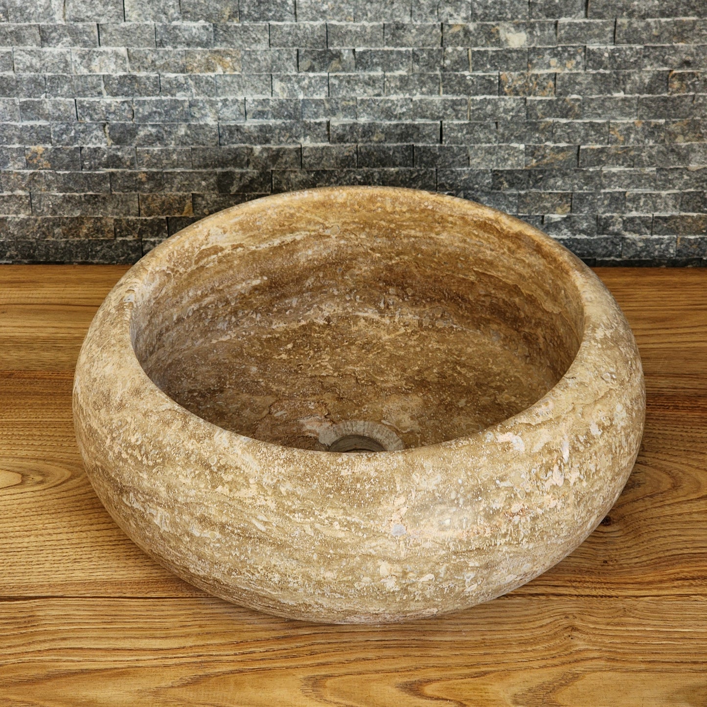 Hand-Carved Round Travertine Vessel Sink - Rustic Gold Stone Basin
