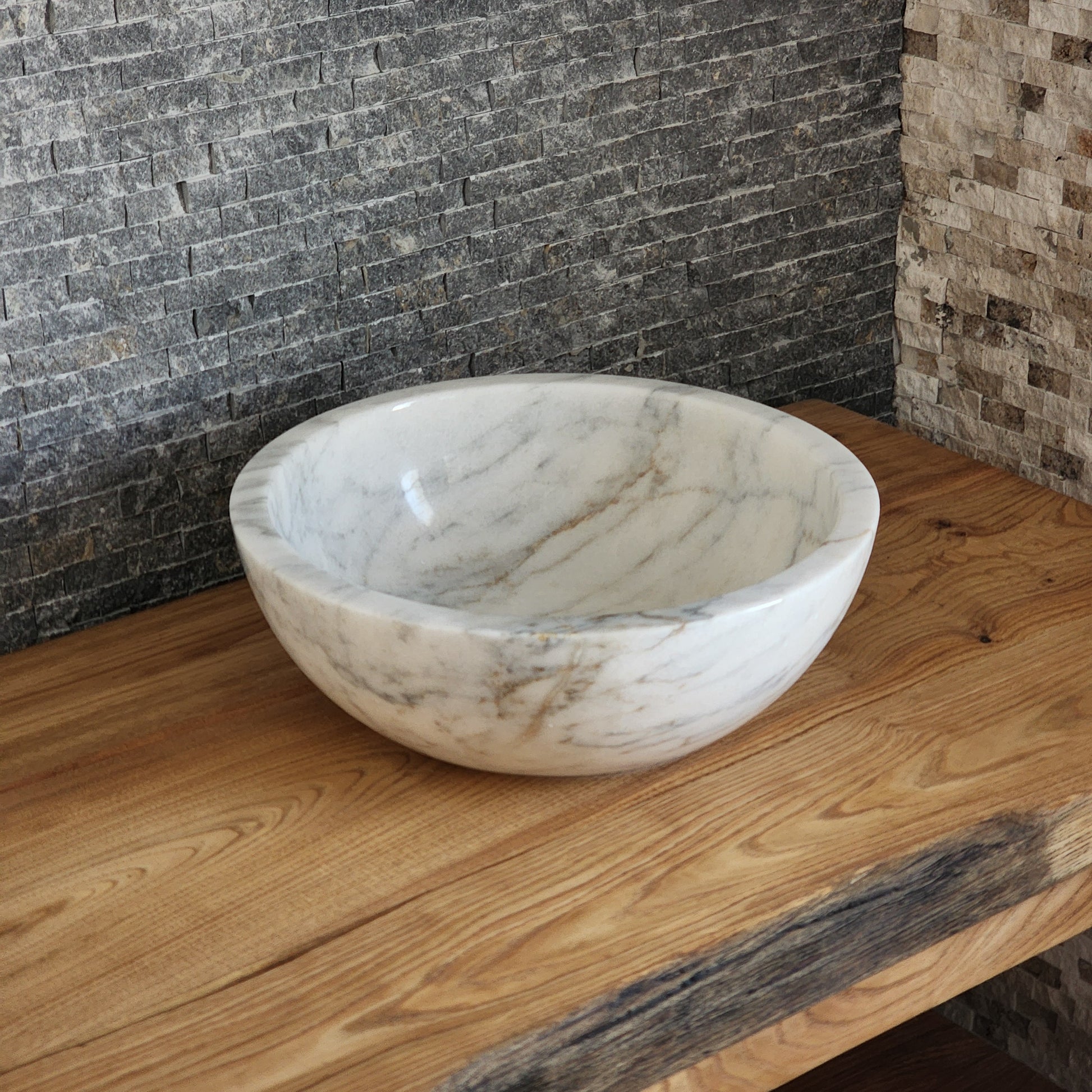 Modern Round White Marble Vessel Sink - Thick Rim Artisan Stone Basin