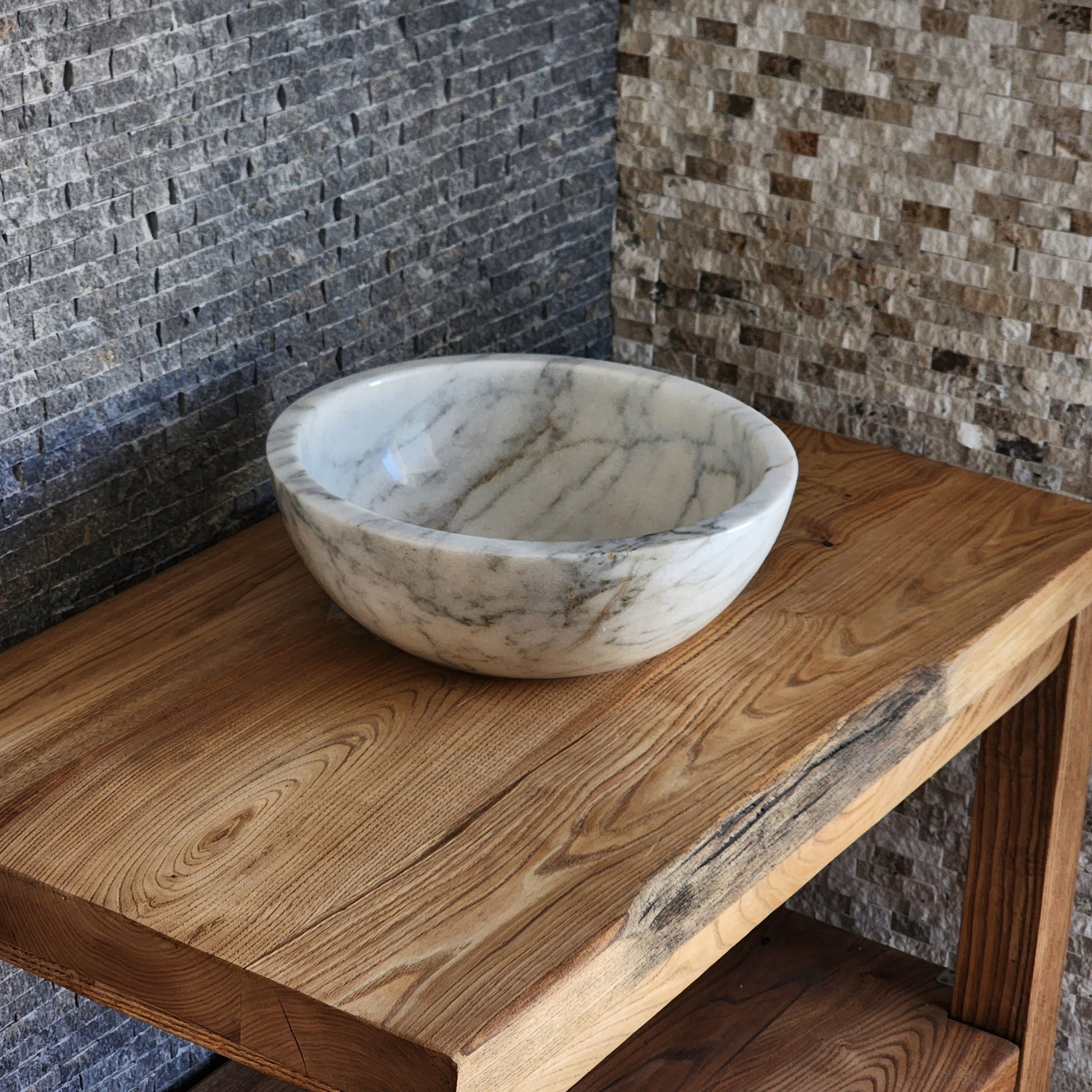 Modern Round White Marble Vessel Sink - Thick Rim Artisan Stone Basin