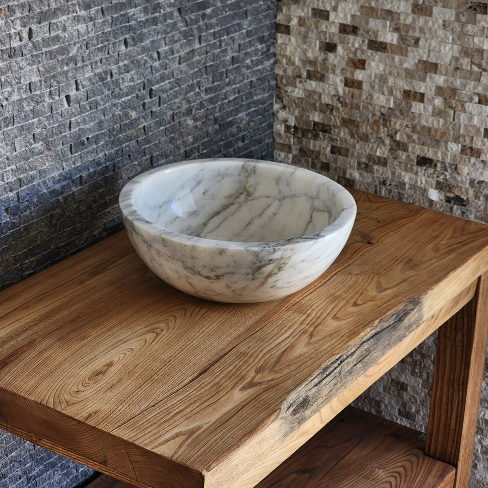 Modern Round White Marble Vessel Sink - Thick Rim Artisan Stone Basin