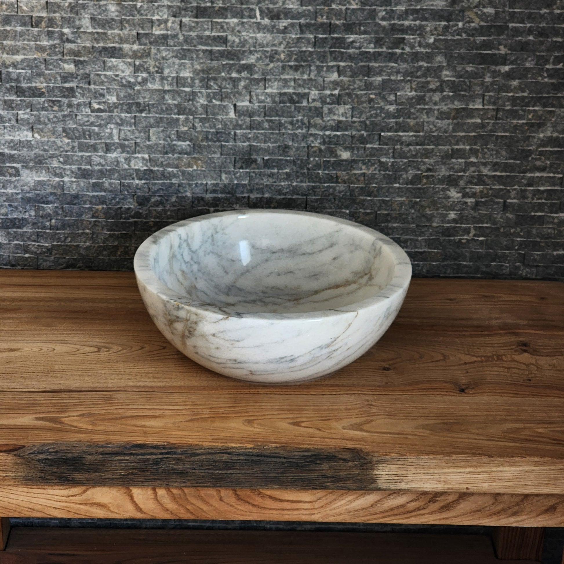 Modern Round White Marble Vessel Sink - Thick Rim Artisan Stone Basin