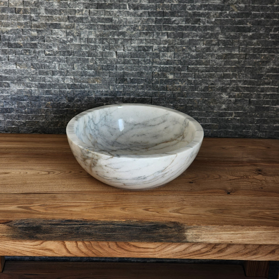 Modern Round White Marble Vessel Sink - Thick Rim Artisan Stone Basin