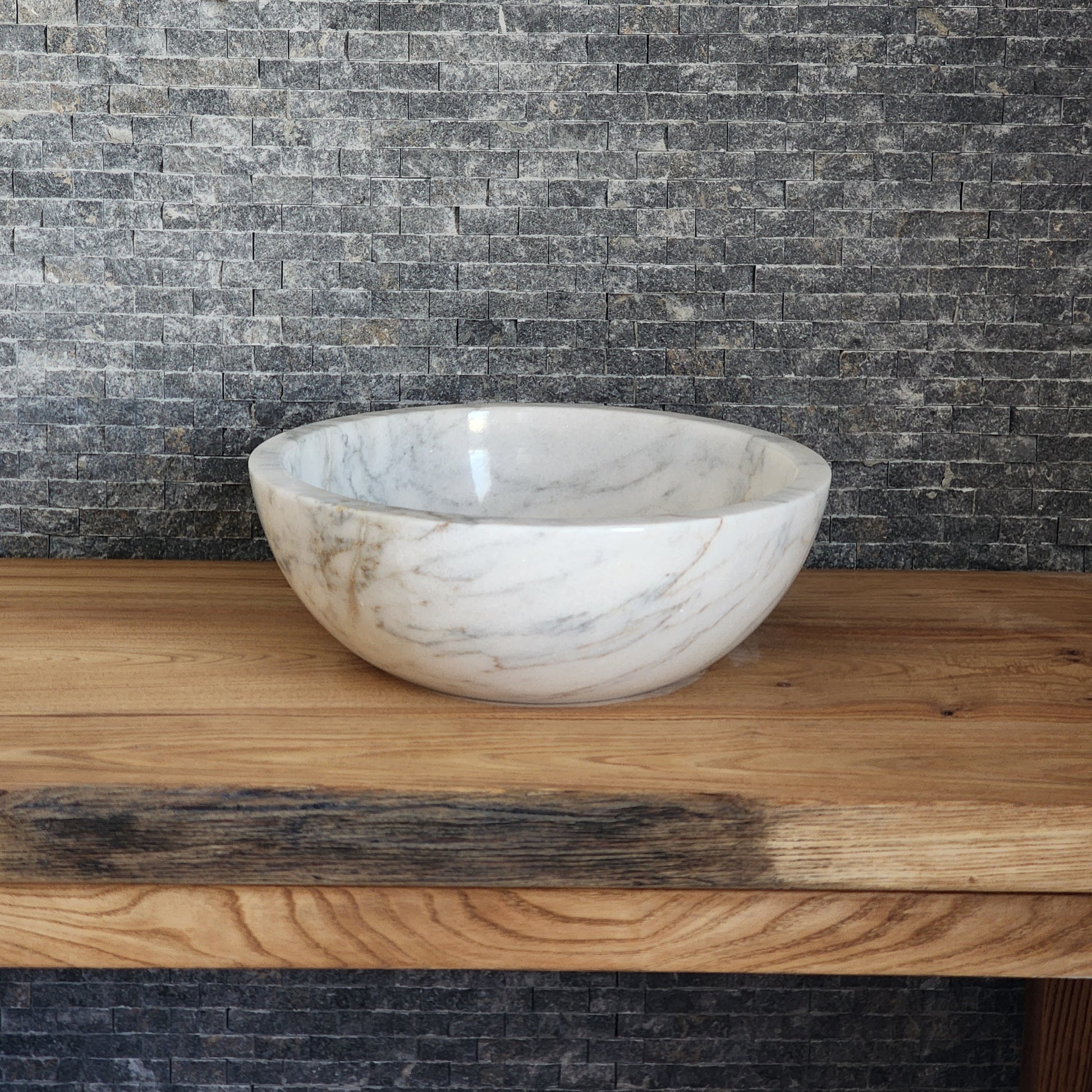 Modern Round White Marble Vessel Sink - Thick Rim Artisan Stone Basin