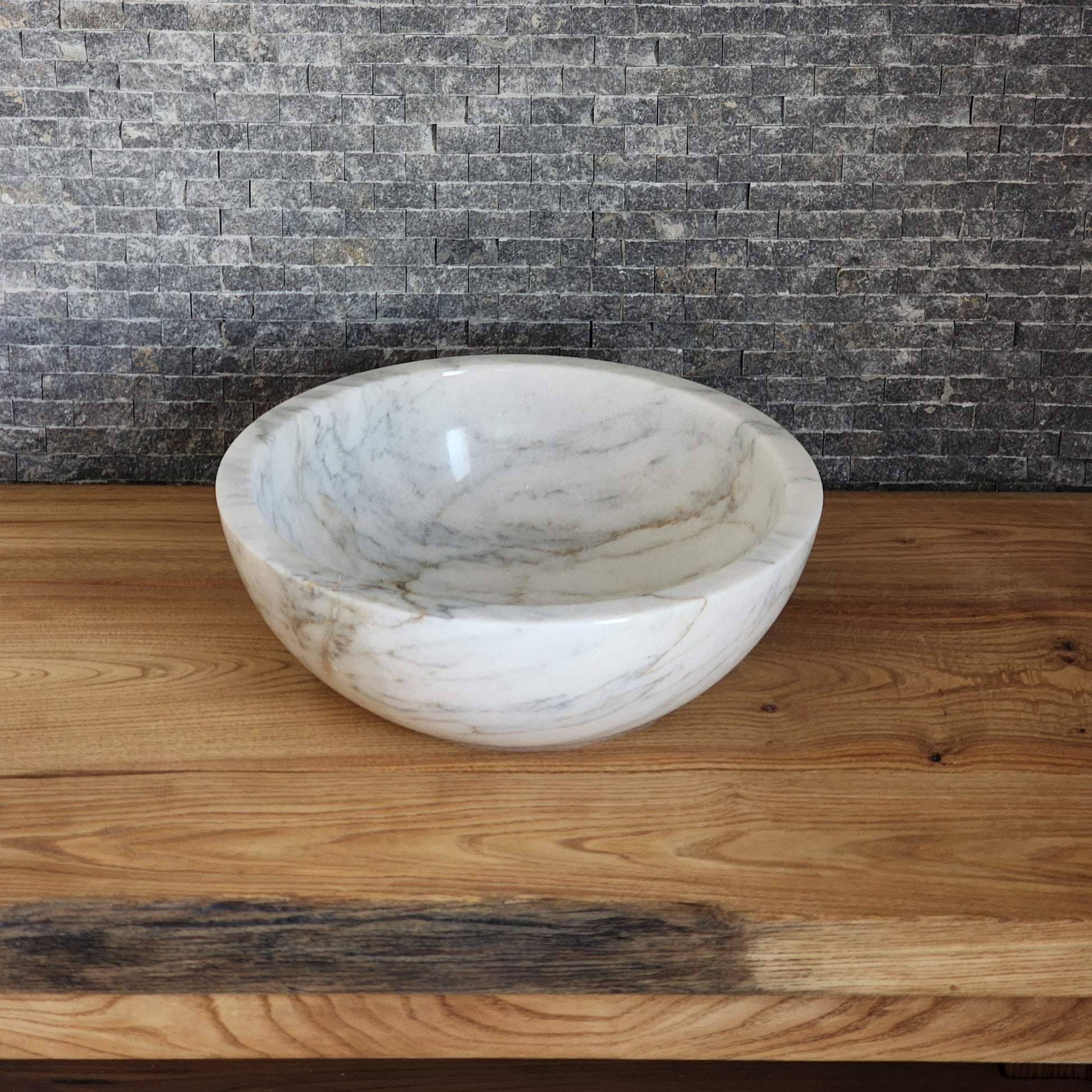 Modern Round White Marble Vessel Sink - Thick Rim Artisan Stone Basin