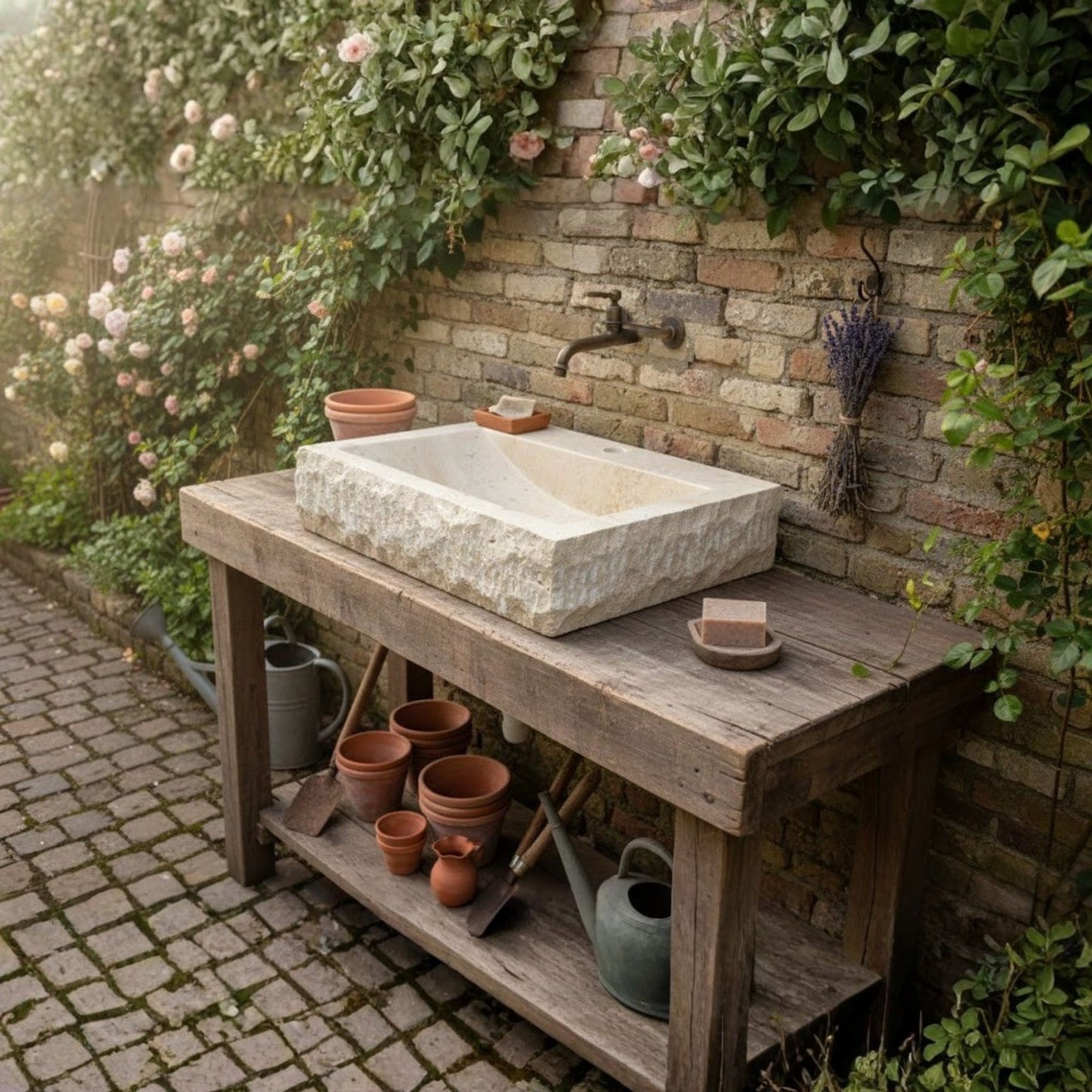 A large Norhew rectangular vessel sink carved from natural travertine with a rugged chiseled exterior and a smooth, clean-lined interior basin.