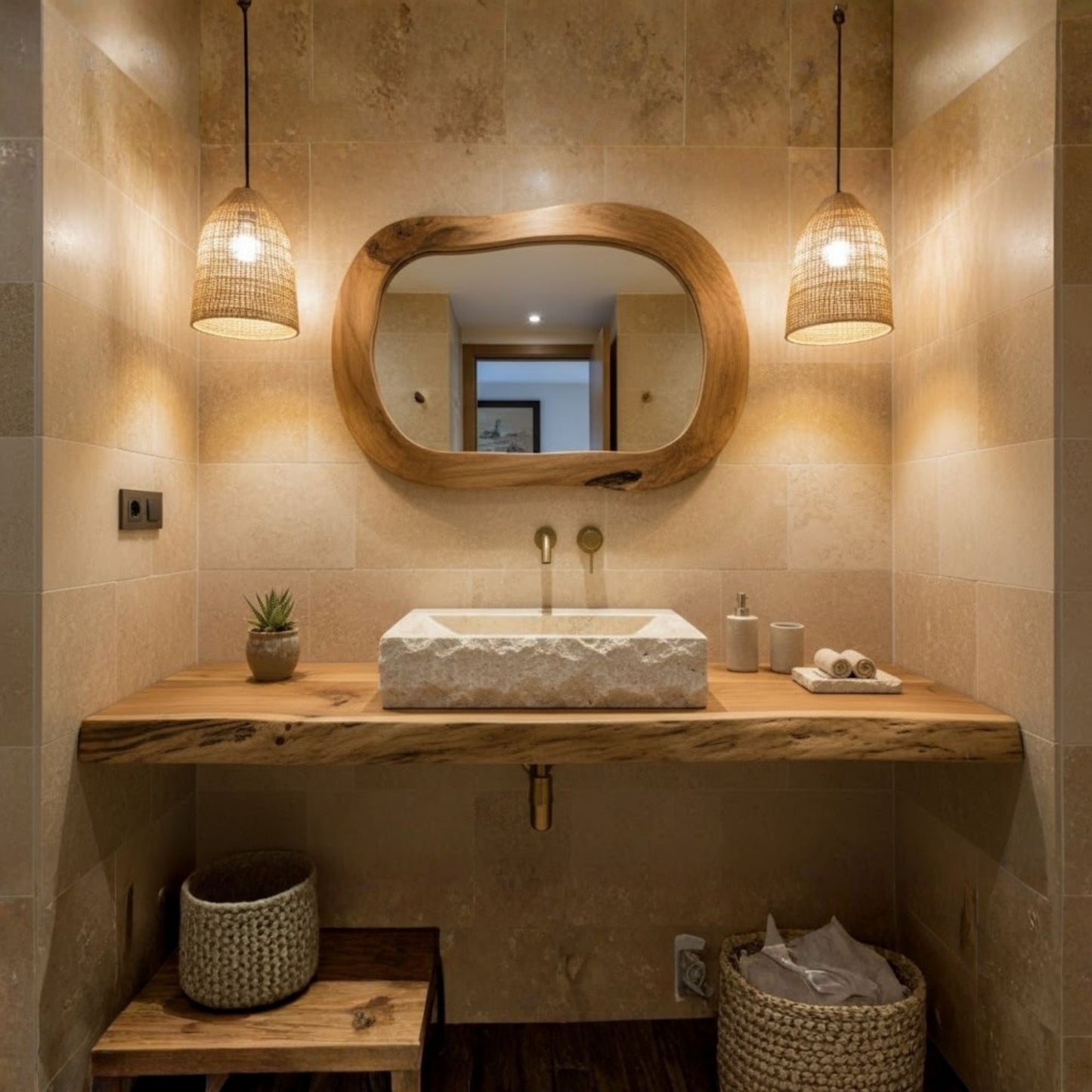 A large Norhew rectangular vessel sink carved from natural travertine with a rugged chiseled exterior and a smooth, clean-lined interior basin.