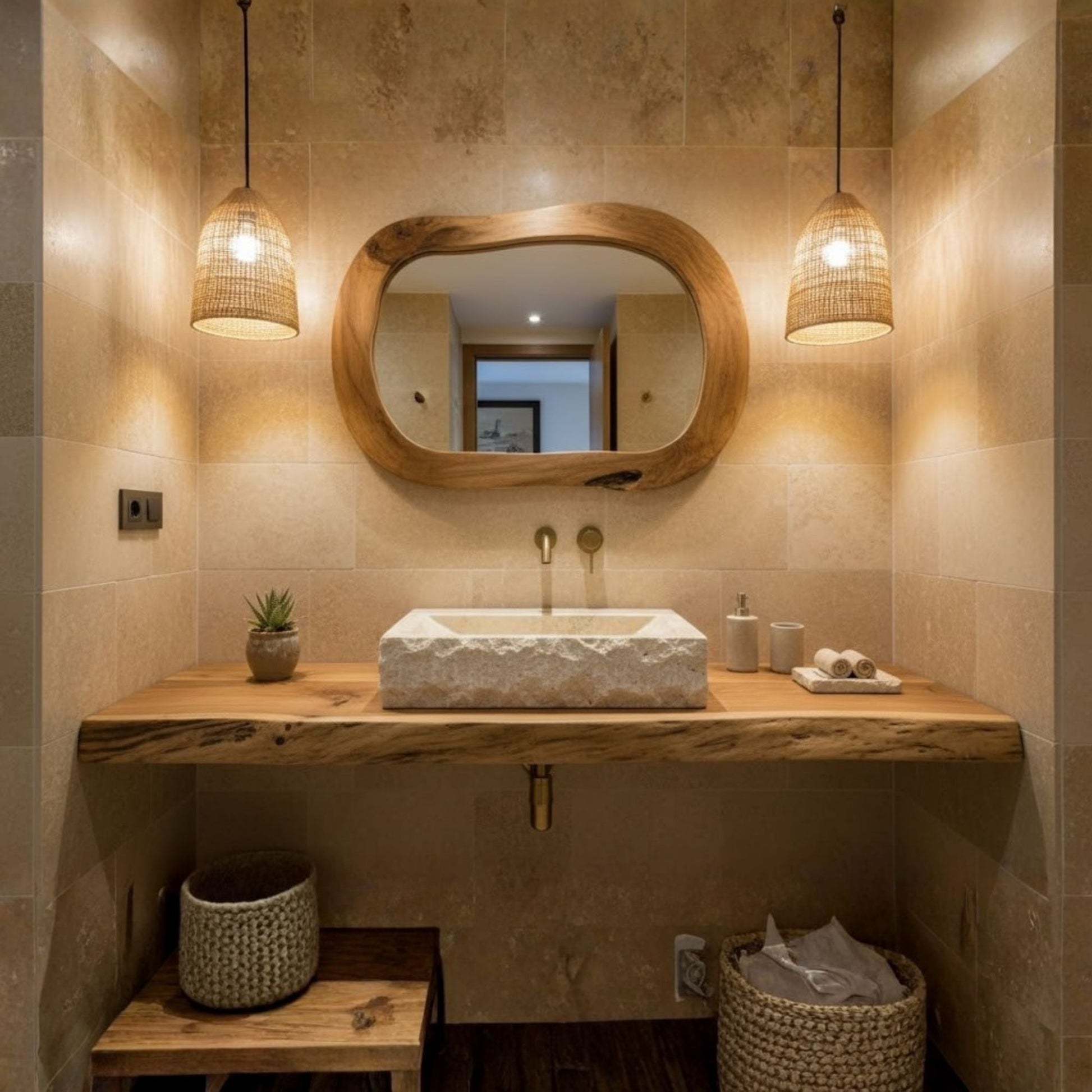 Hand-Carved Rustic Chiseled Travertine Vessel Sink – Rectangular Rock-Face Natural Stone Basin