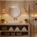 Switch A large Norhew rectangular vessel sink carved from natural travertine with a rugged chiseled exterior and a smooth, clean-lined interior basin. 3 image