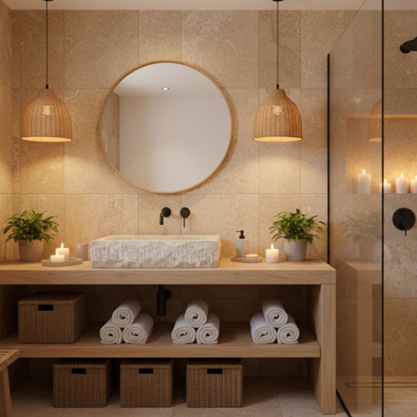 A large Norhew rectangular vessel sink carved from natural travertine with a rugged chiseled exterior and a smooth, clean-lined interior basin.