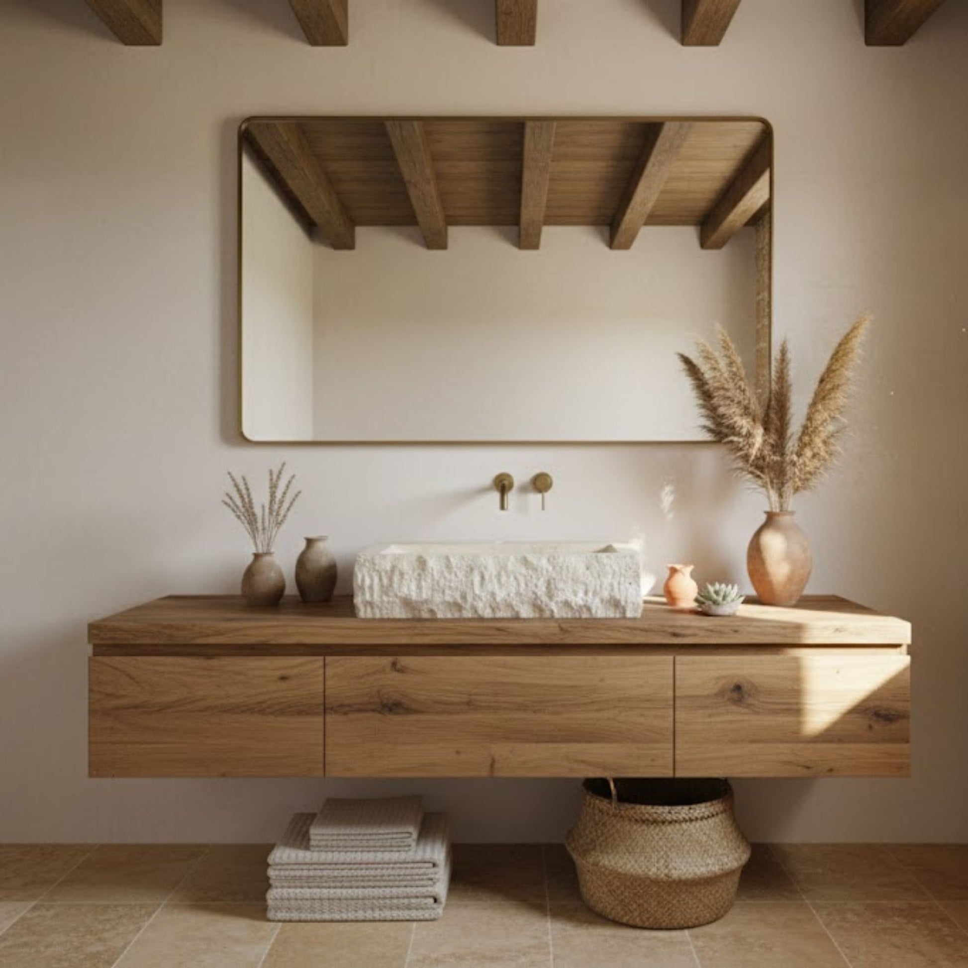 Hand-Carved Rustic Chiseled Travertine Vessel Sink – Rectangular Rock-Face Natural Stone Basin