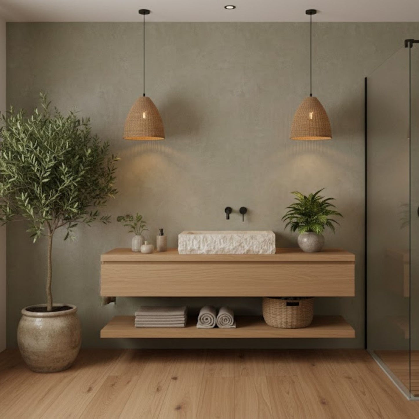 A large Norhew rectangular vessel sink carved from natural travertine with a rugged chiseled exterior and a smooth, clean-lined interior basin.