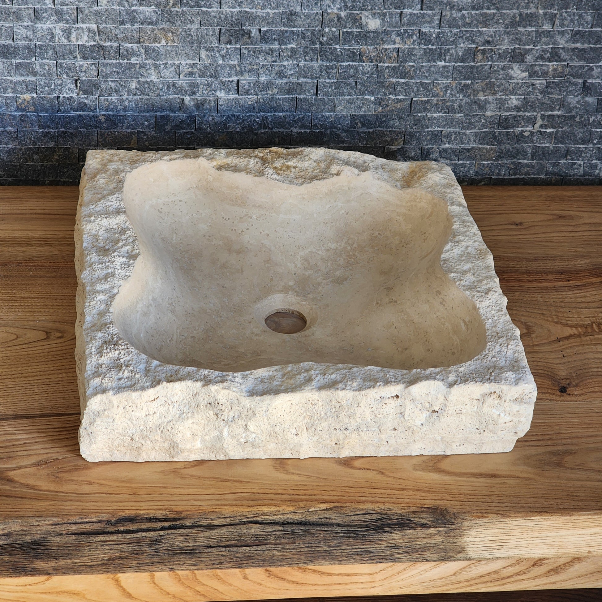 Norhew Raw Travertine Vessel Sink - Hand-Chiseled Square Design