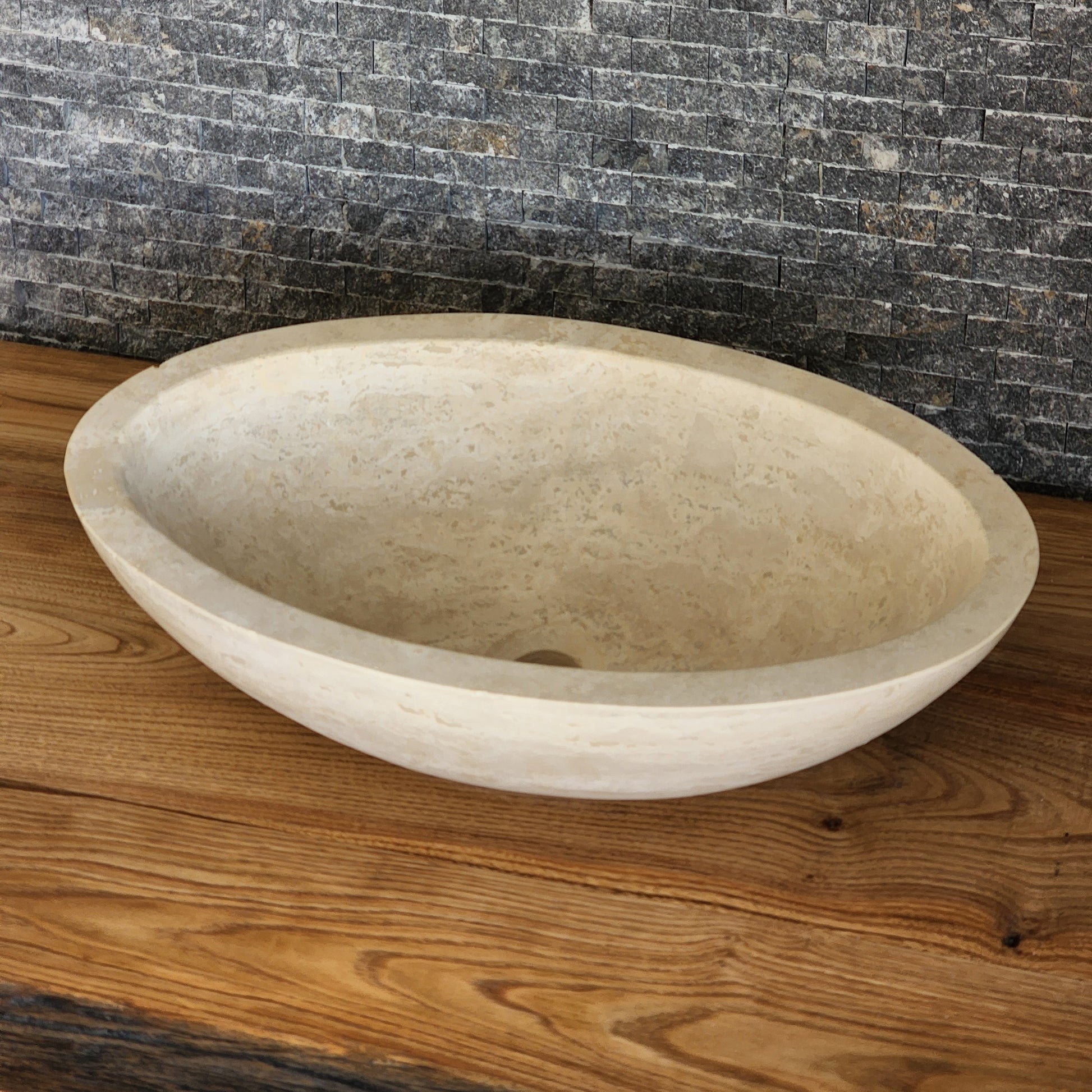 Solid Travertine Round Vessel Sink - Hand-Carved Rustic Gold Basin