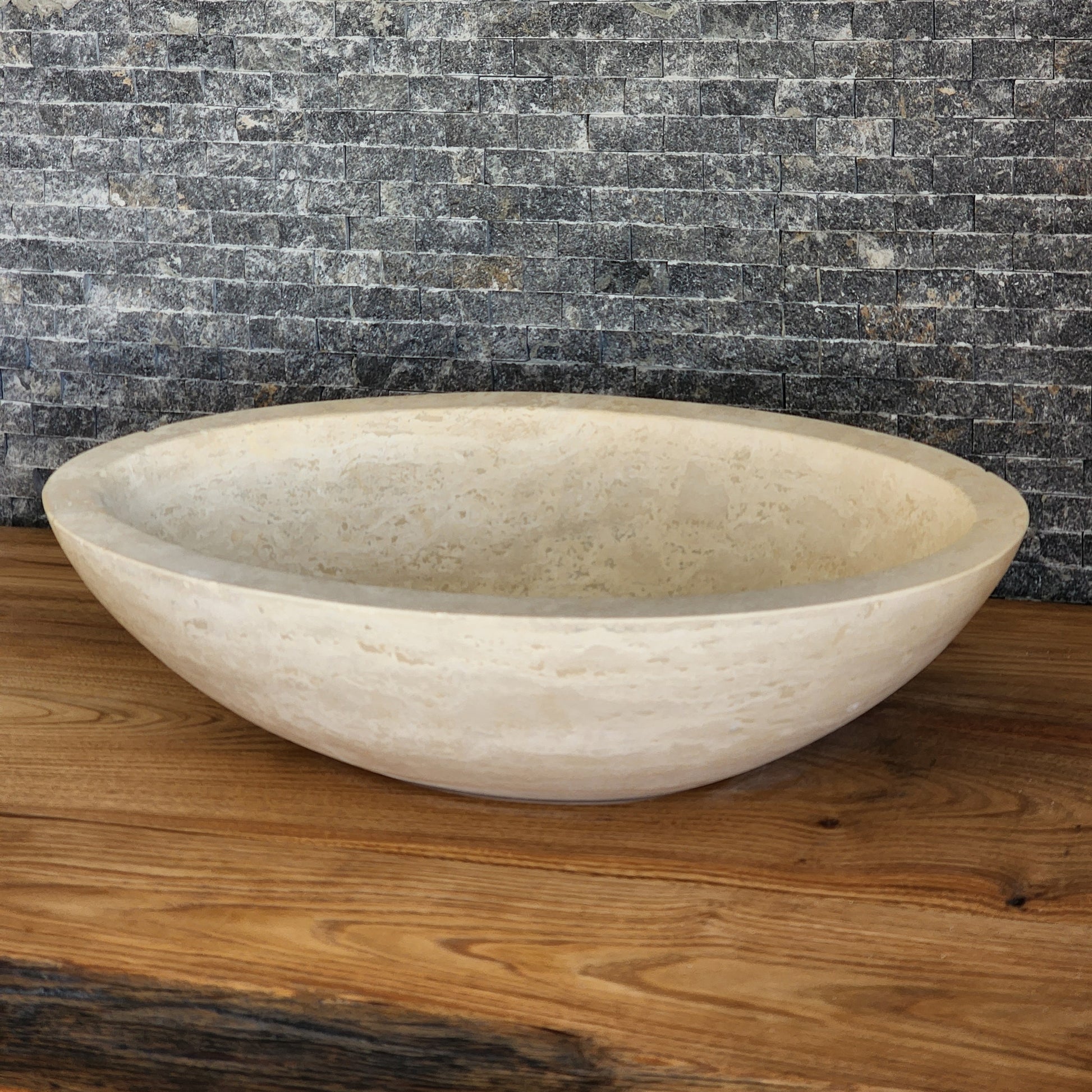 Solid Travertine Round Vessel Sink - Hand-Carved Rustic Gold Basin