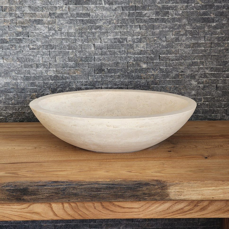 Solid Travertine Round Vessel Sink - Hand-Carved Rustic Gold Basin