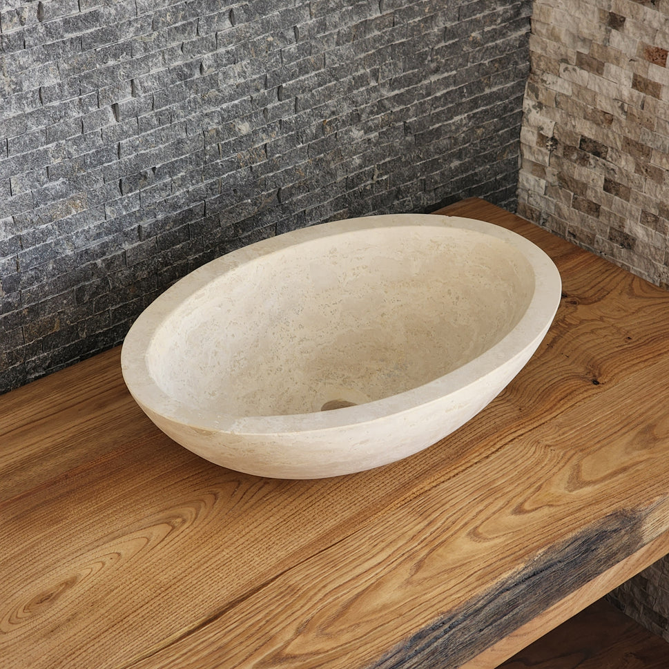Solid Travertine Round Vessel Sink - Hand-Carved Rustic Gold Basin