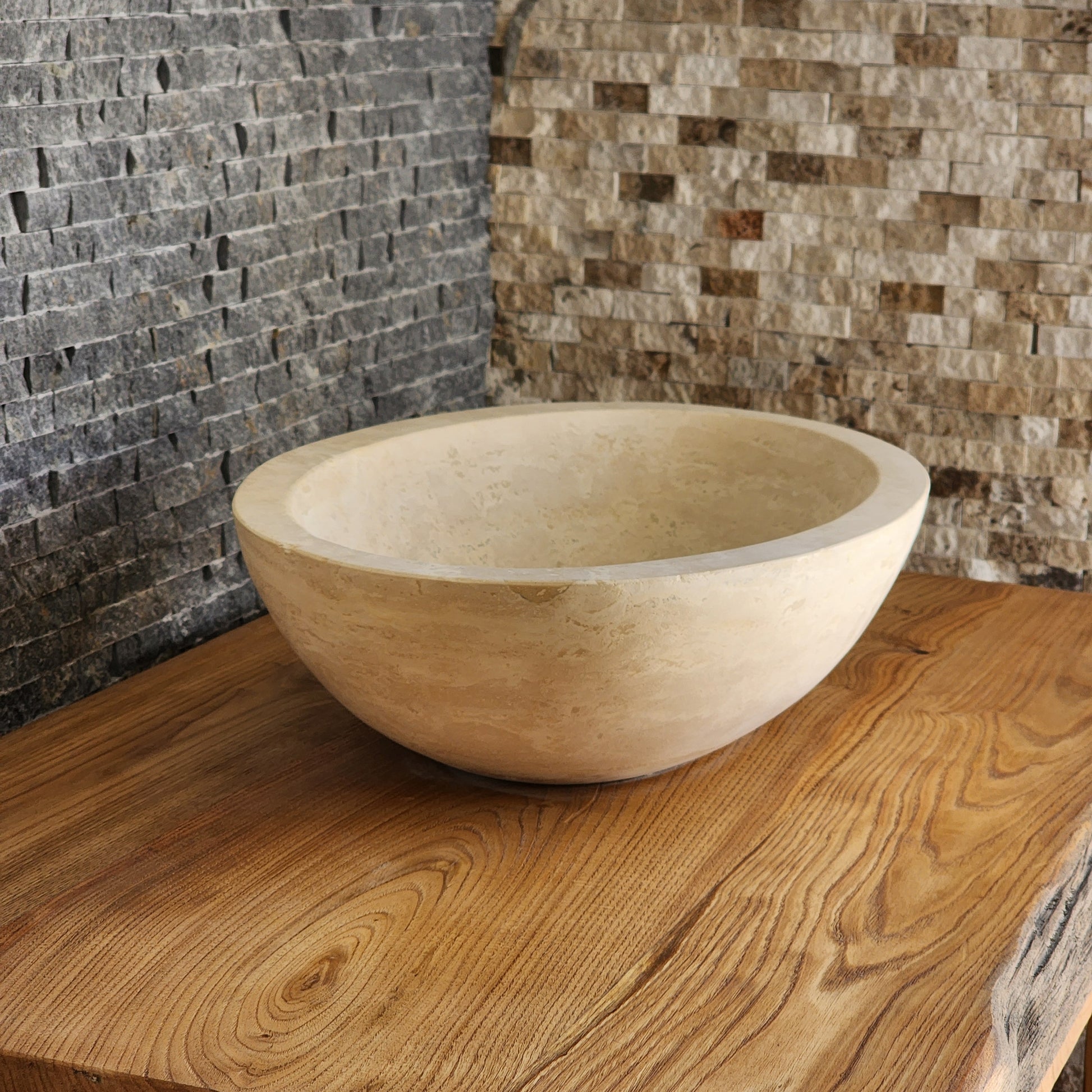 Solid Travertine Round Vessel Sink - Hand-Carved Rustic Gold Basin