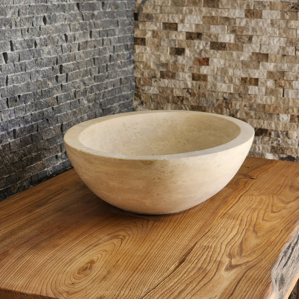 Solid Travertine Round Vessel Sink - Hand-Carved Rustic Gold Basin