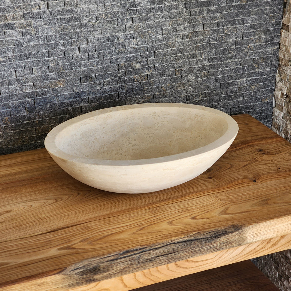 Solid Travertine Round Vessel Sink - Hand-Carved Rustic Gold Basin