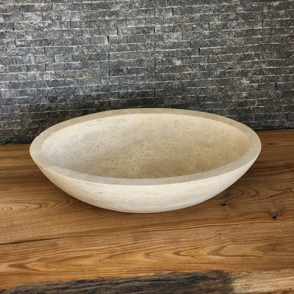 Solid Travertine Round Vessel Sink - Hand-Carved Rustic Gold Basin
