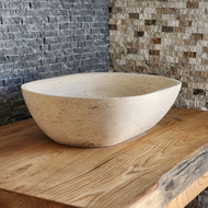 Solid Travertine Oval Vessel Sink - Hand-Carved Natural Cream Basin