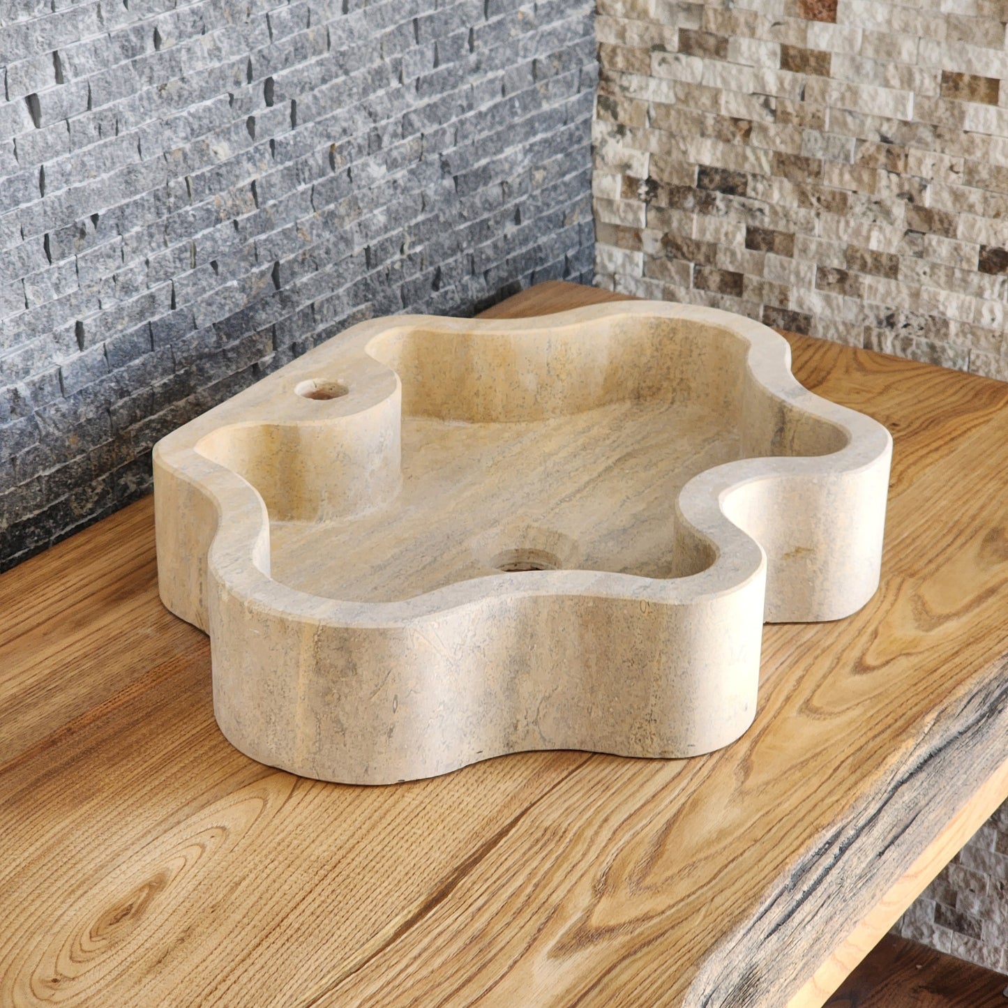 Hand-Carved Travertine Vessel Sink – Organic Wavy Edge Natural Stone Basin