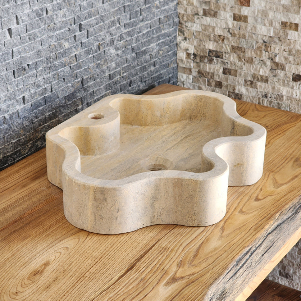 Hand-Carved Travertine Vessel Sink – Organic Wavy Edge Natural Stone Basin