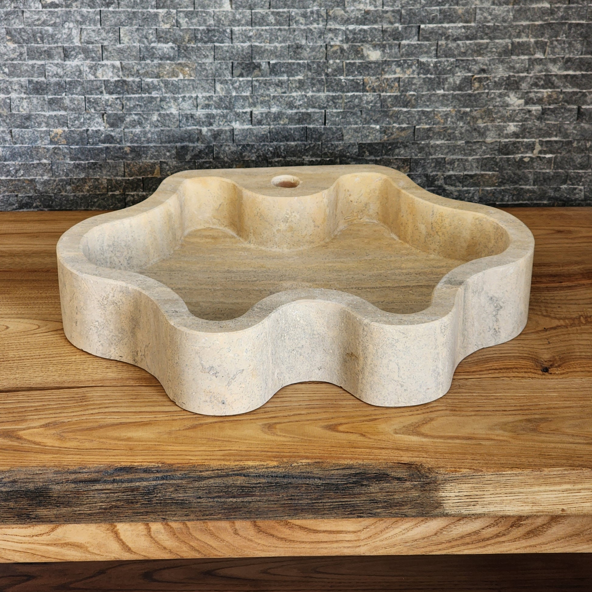 Hand-Carved Travertine Vessel Sink – Organic Wavy Edge Natural Stone Basin
