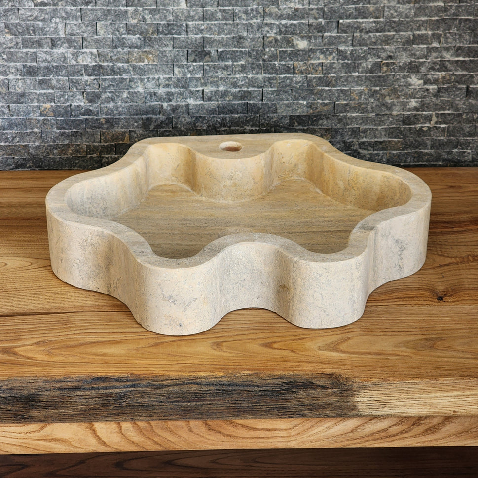 Hand-Carved Travertine Vessel Sink – Organic Wavy Edge Natural Stone Basin