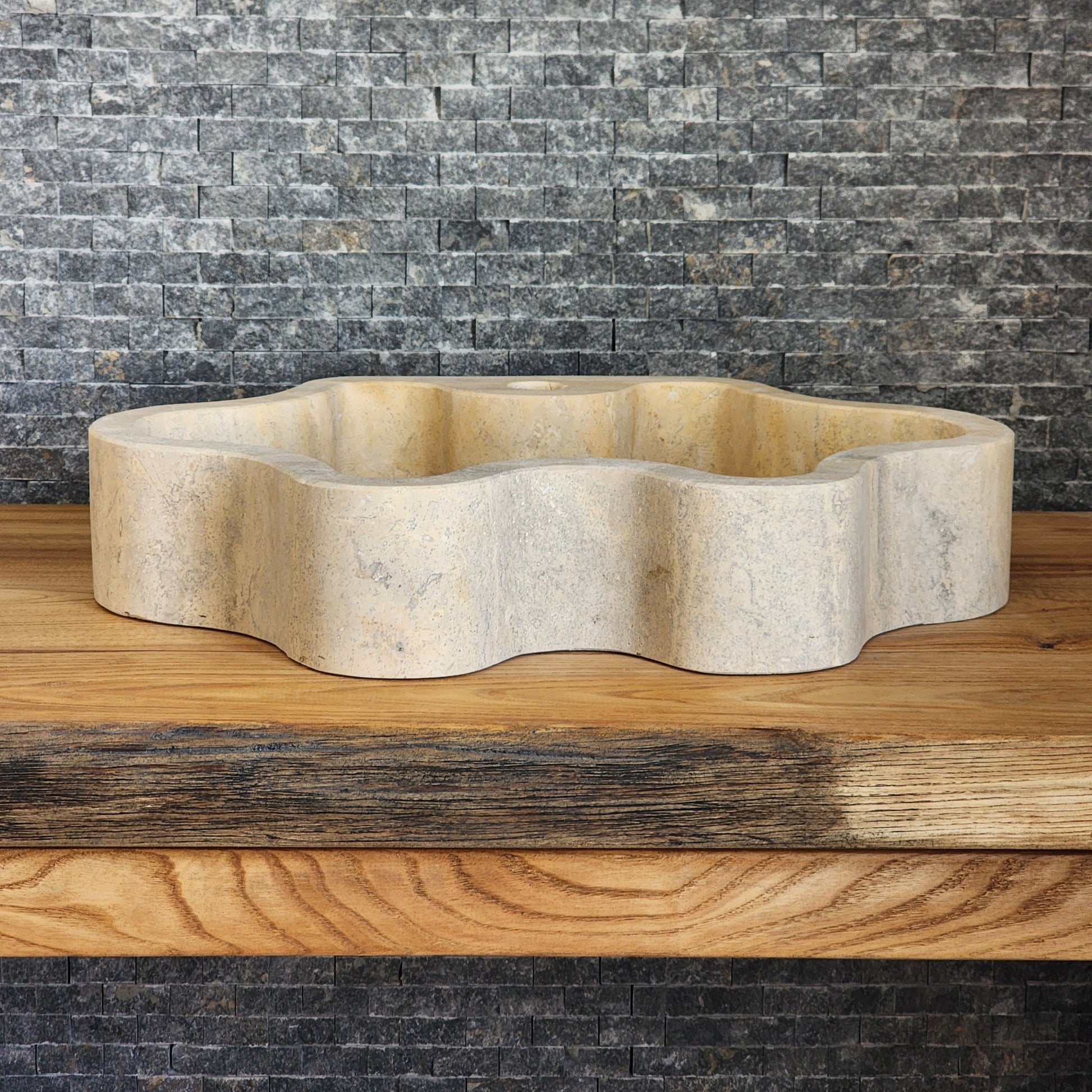 Hand-Carved Travertine Vessel Sink – Organic Wavy Edge Natural Stone Basin