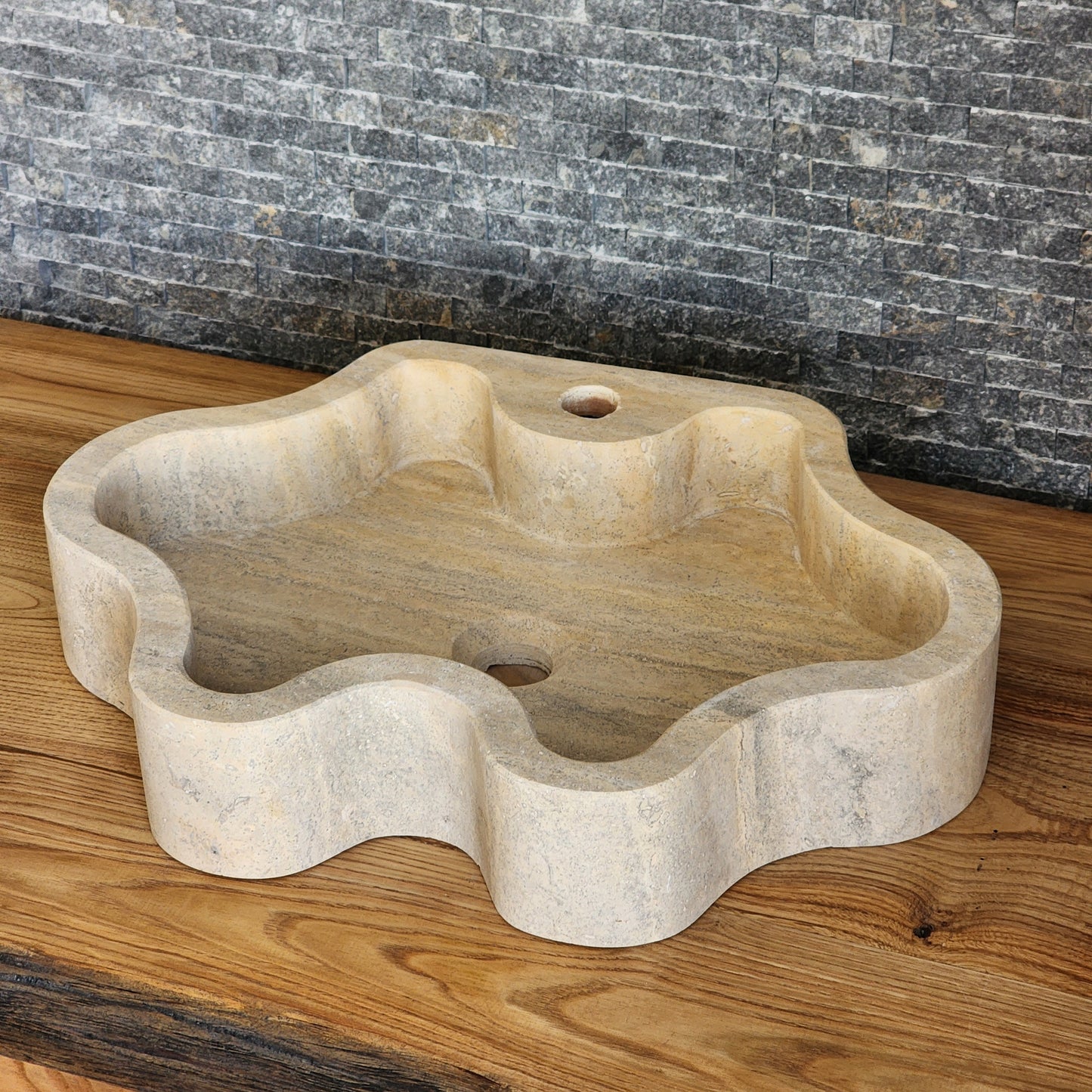 Hand-Carved Travertine Vessel Sink – Organic Wavy Edge Natural Stone Basin
