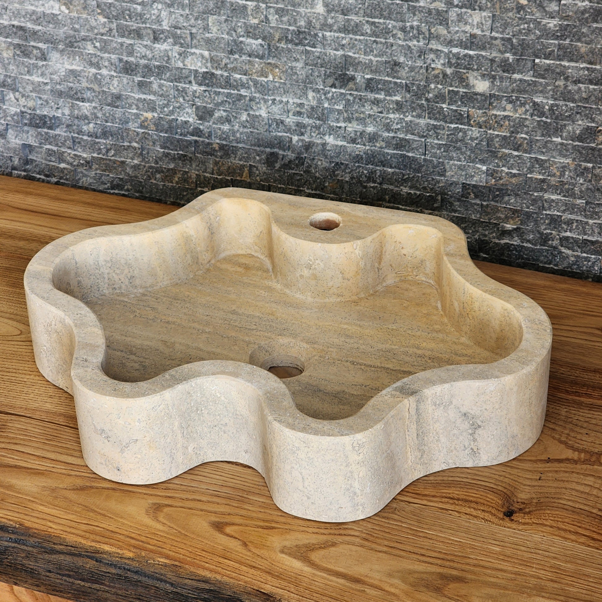 Hand-Carved Travertine Vessel Sink – Organic Wavy Edge Natural Stone Basin