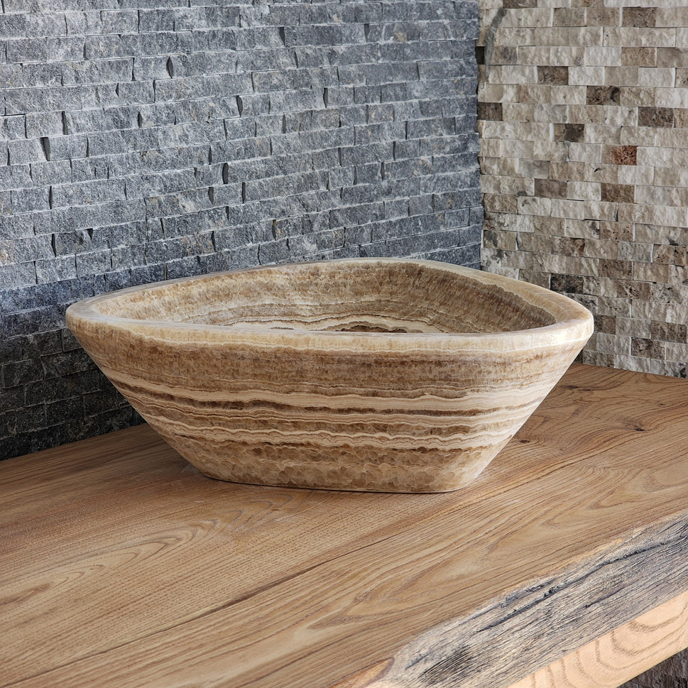 Triangular Exotic Onyx Vessel Sink - Hand-Carved Concentric Stone Basin