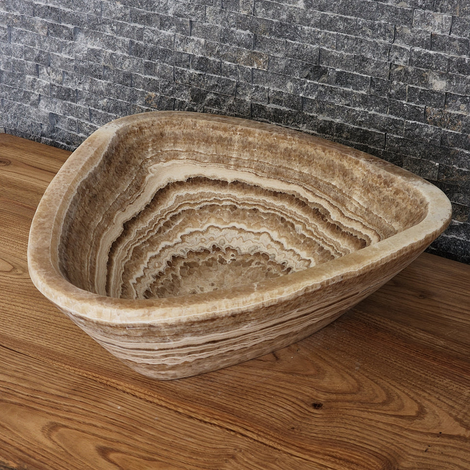 Triangular Exotic Onyx Vessel Sink - Hand-Carved Concentric Stone Basin