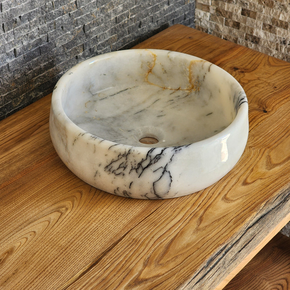 Hand-Carved White Marble Vessel Sink – Round Polished Calacatta-Style Natural Stone Basin