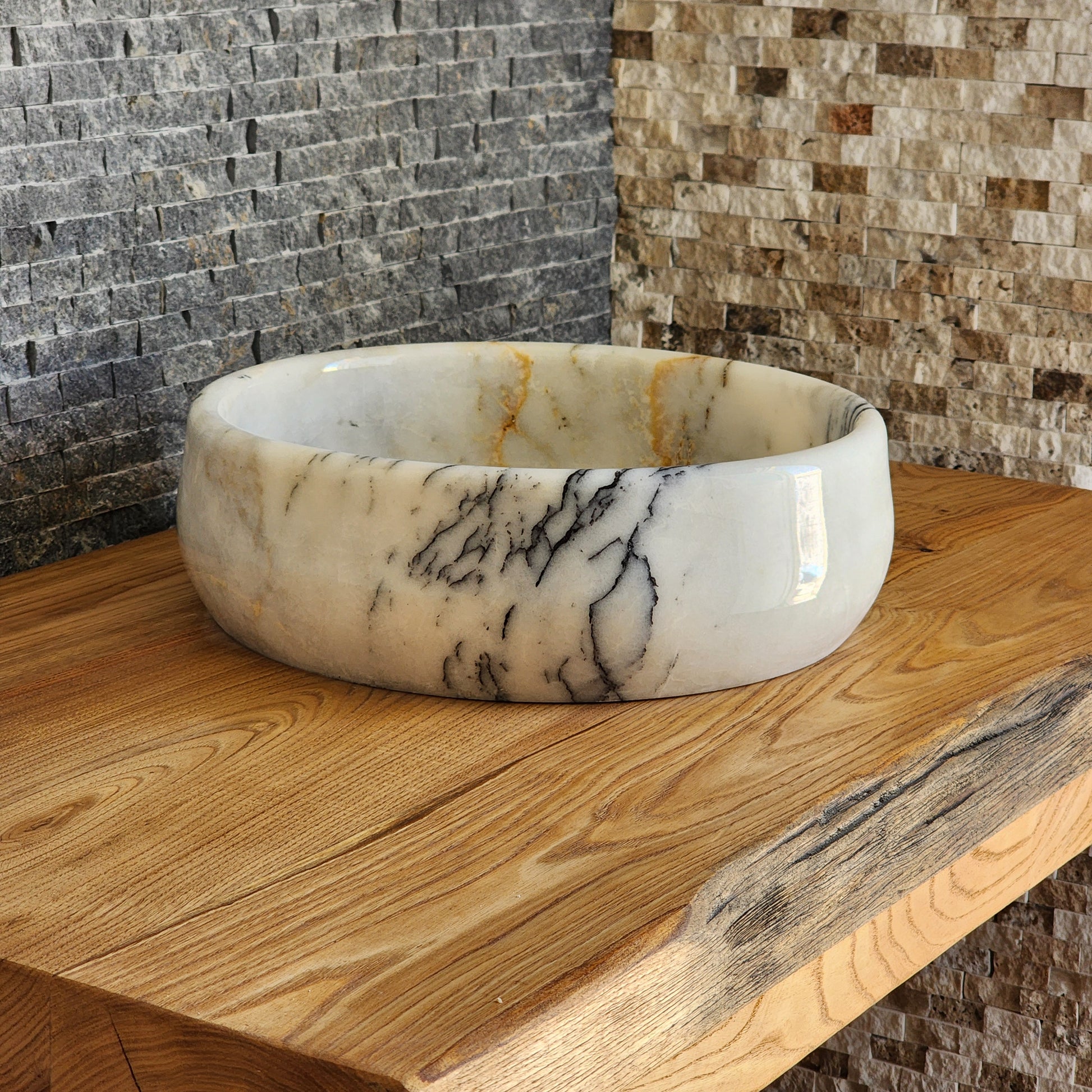 Hand-Carved White Marble Vessel Sink – Round Polished Calacatta-Style Natural Stone Basin