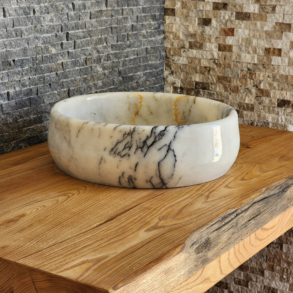 Hand-Carved White Marble Vessel Sink – Round Polished Calacatta-Style Natural Stone Basin